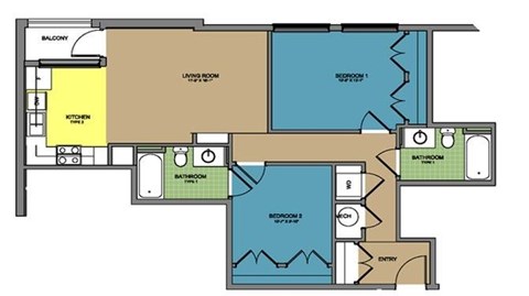Floor plan for 2 beds, 2 baths, 900 sqft